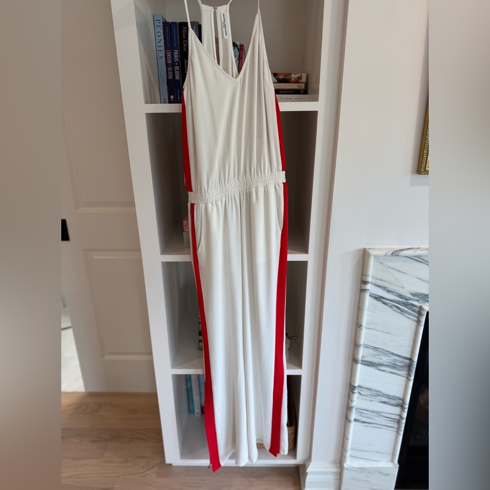Amanda Uprichard white and red V-Neck Jumpsuit with wide legs
